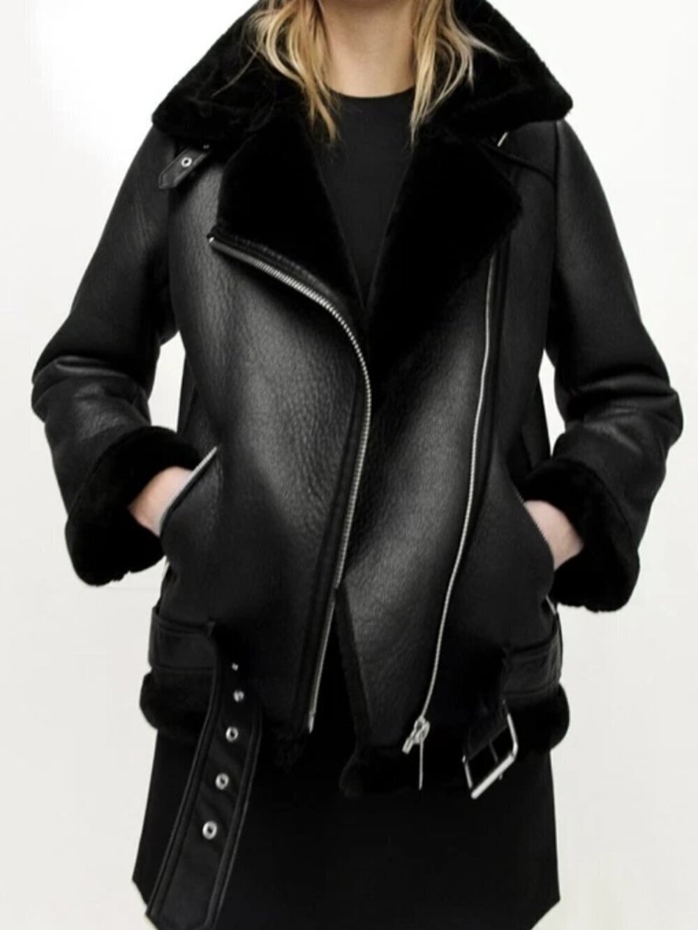 Zara Black Double-Faced Faux Shearling Biker Jacket